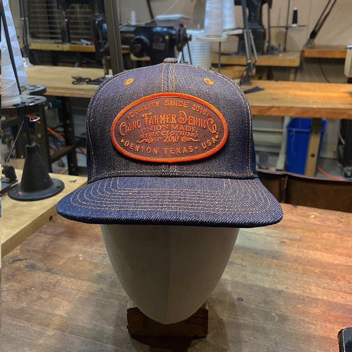 14oz Cone Mills Denim Snapback HAT CFDCo Orange Shop Patch