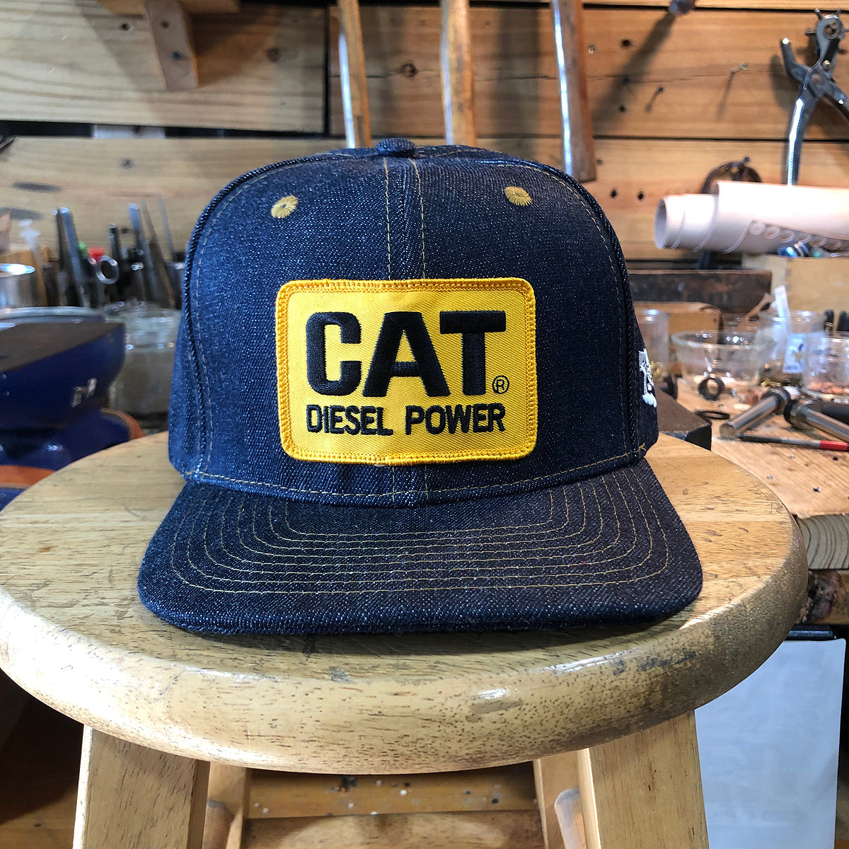 14oz TEXAS Denim Snapback HAT "HIGH CROWN" 1970s Trucker - CAT Power Patch